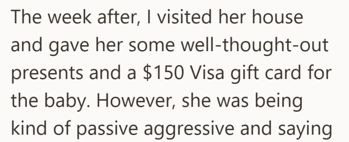 She tried to make up for missing the shower with a thoughtful visit. The reaction she got was not what she expected.