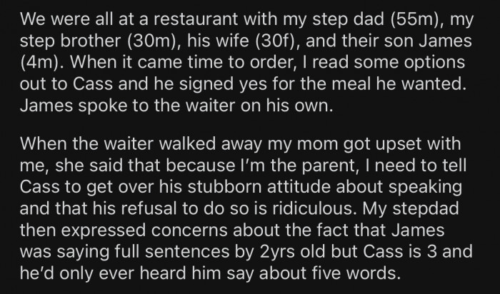 OP had to help her son order while his 4-year-old step-cousin did it all by himself.