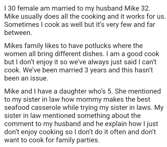 OP's daughter mentioned to her sister-in-law how she makes the best seafood casserole