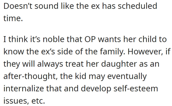 It's nice that OP wants her child to know her ex's family, but...