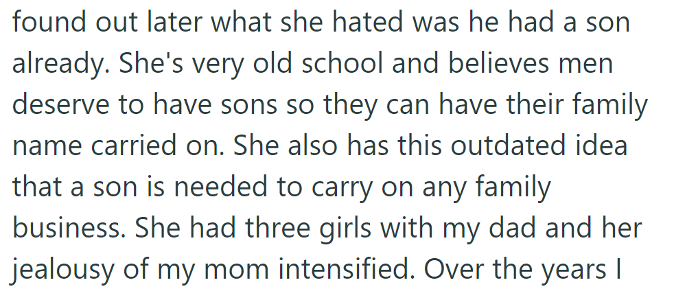 Sandra resented the fact that OP's dad already had a son—along with some other outdated ideas.