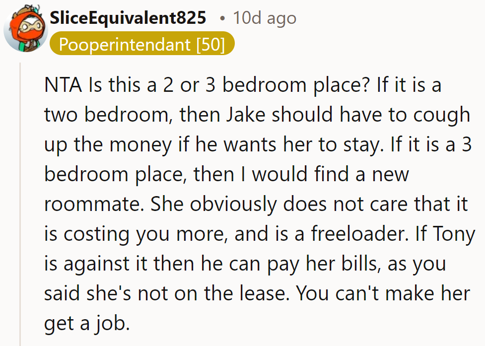 NTA. If it's a 2-bedroom, Jake covers her share. If 3, find a new roommate.