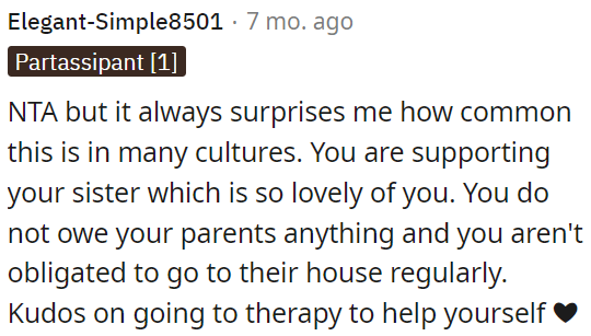 OP is not obliged to visit her parents regularly; her well-being matters.