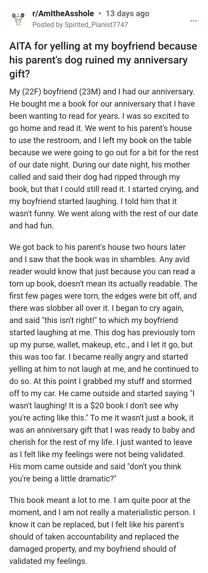 1. OP shared how she felt when her boyfriend's parents' dog destroyed her anniversary gift.