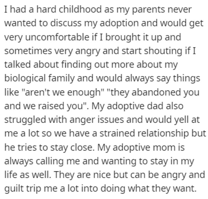 OP's adoptive parents never wanted to talk about her adoption when she was a child