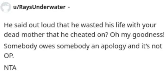 At the engagement party, the father made disrespectful comments about the deceased mother, and OP is not in the wrong.