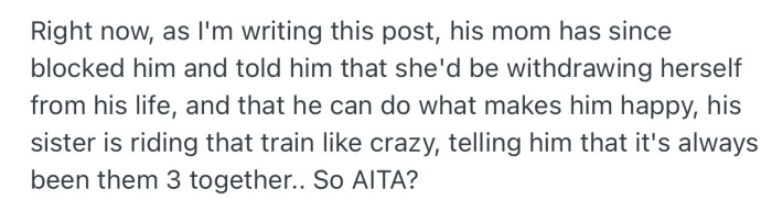 As it stands, both her fiancé's mom and sister have cut him off