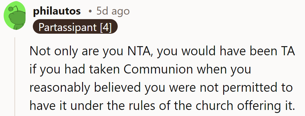 NTA - Can't play communion roulette with the Big Guy upstairs!