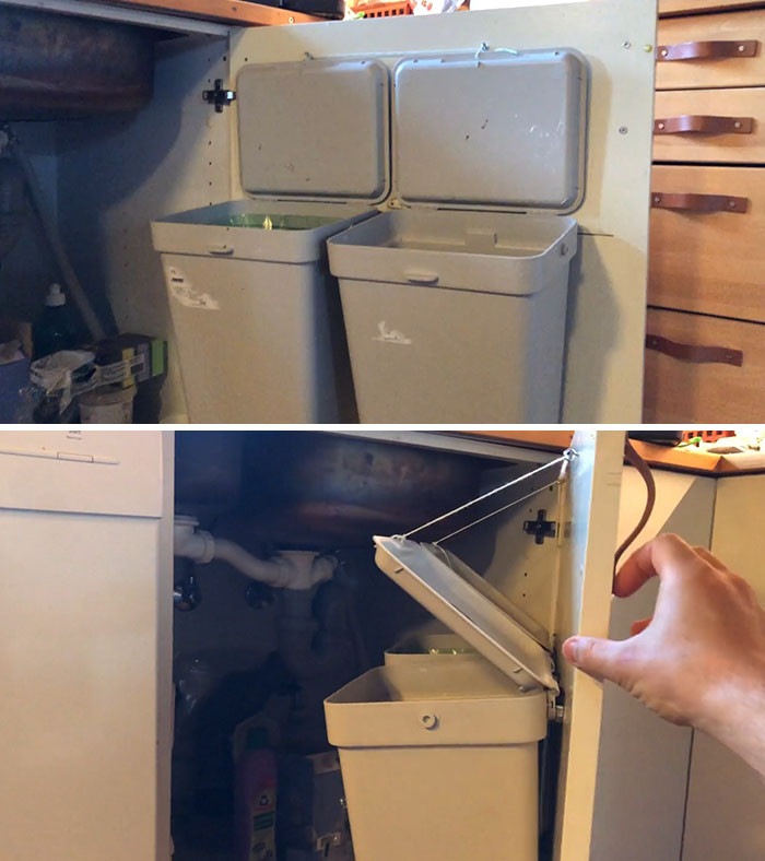33. Improved IKEA wastebaskets. Attach them to the door with a pulley system on the lids.