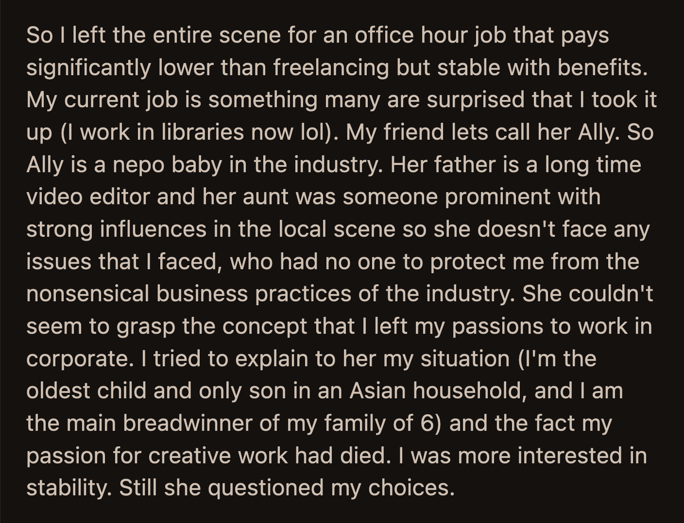 Things came to a head when OP and Ally met for dinner recently.