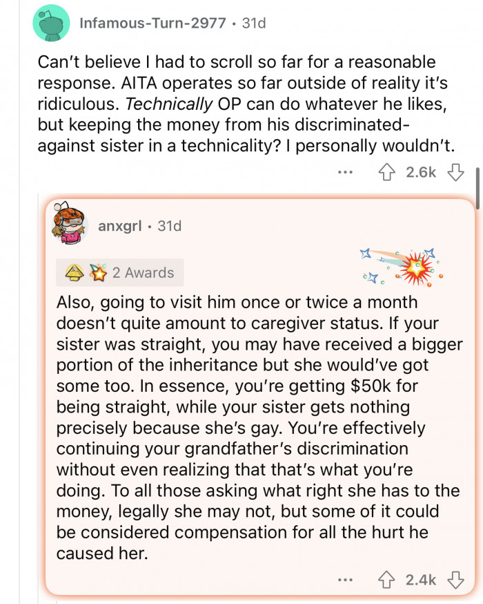 If OP's sister were straight, she would have received the amount she asked for.