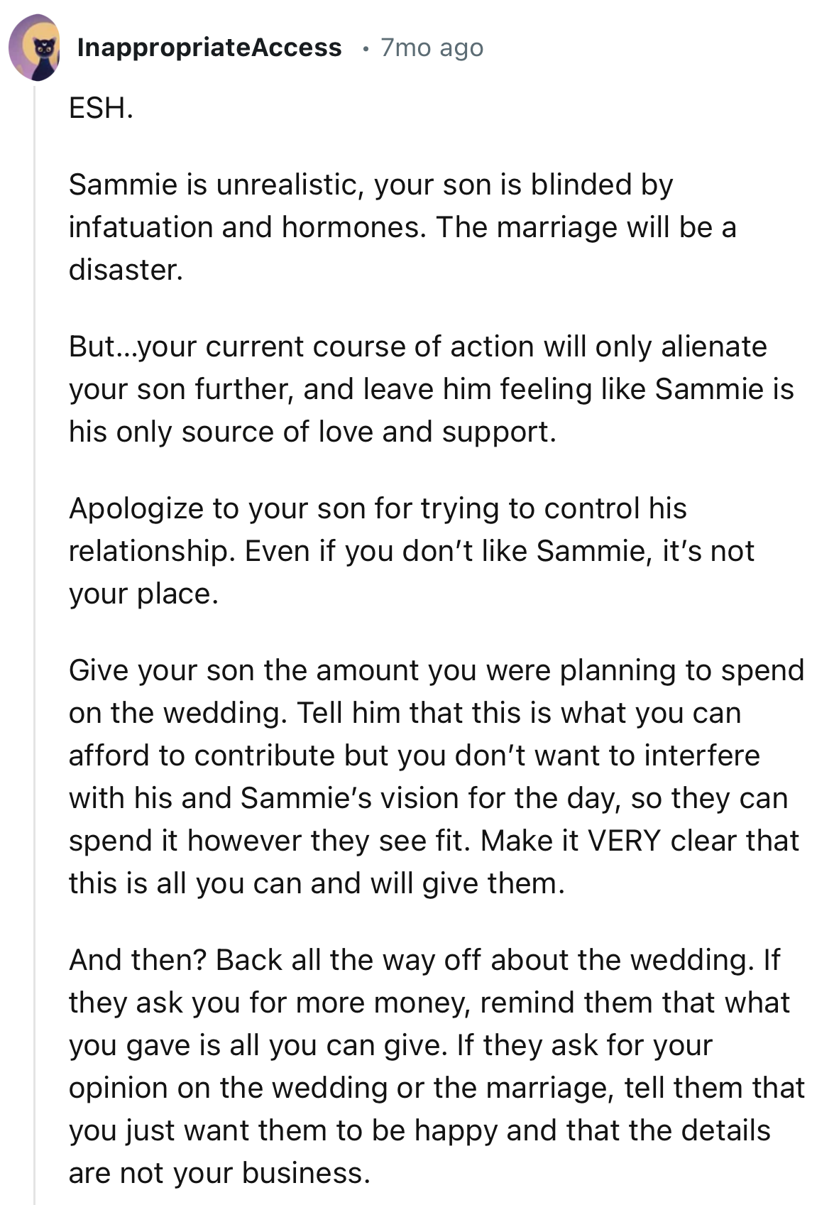 “Tell him that this is what you can afford to contribute, but you don’t want to interfere with his and Sammie’s vision for the day, so they can spend it however they see fit.”