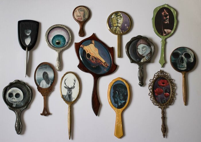 46. They had commissioned paintings on old hand mirrors.