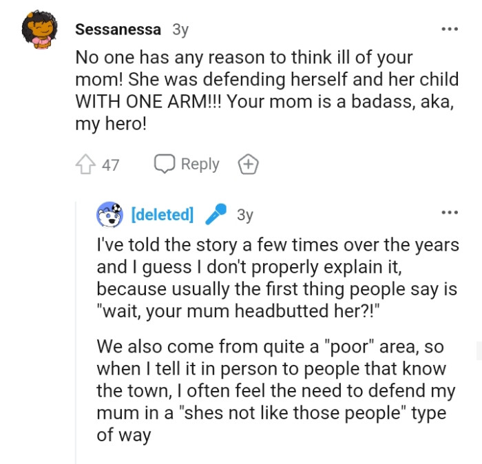 She was defending herself and her child with one arm