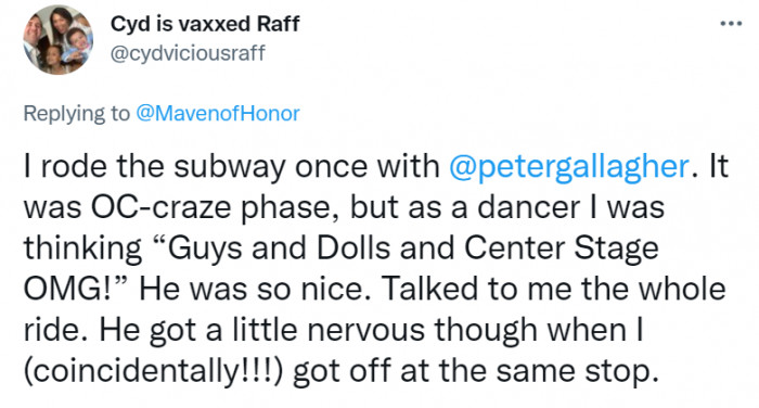 We wonder what was running through Peter Gallagher's mind when this fan got off at the same stop