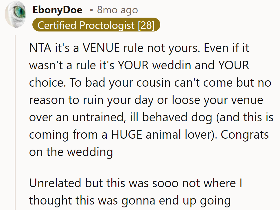 NTA – It's their wedding, not a dog show. Congrats on keeping the 'pawsitive' vibes!