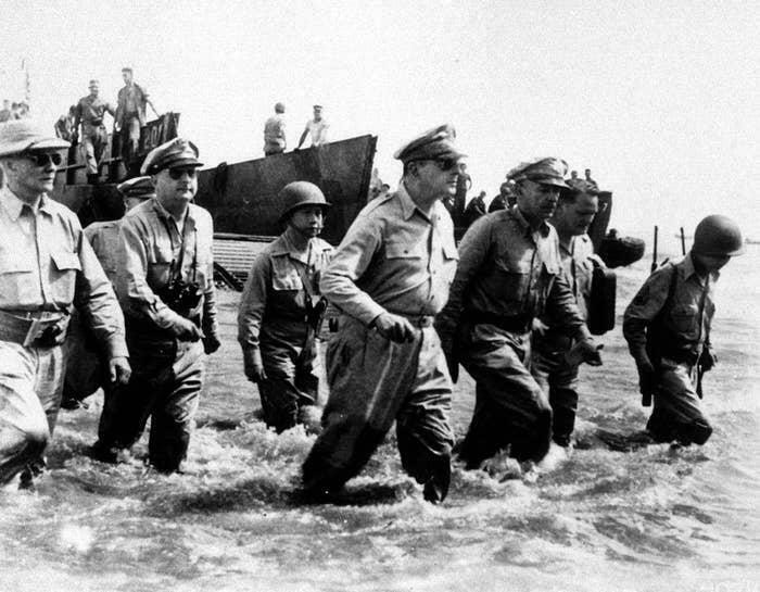 "MacArthur Reaches the Shore at Leyte on Oct. 20, 1944, Only Several Hours After U.S. Troops Had Taken the Beach."