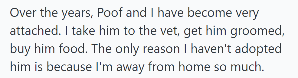Caring for Poof, she hasn't adopted him due to her frequent absences.