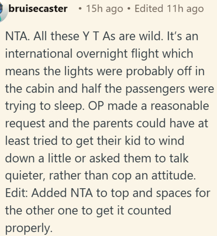 Asking parents to quiet their child on an overnight flight is completely reasonable