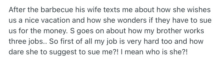 Shortly after a family dinner, Seth’s wife threatened to sue to recover the money if OP doesn’t pay up