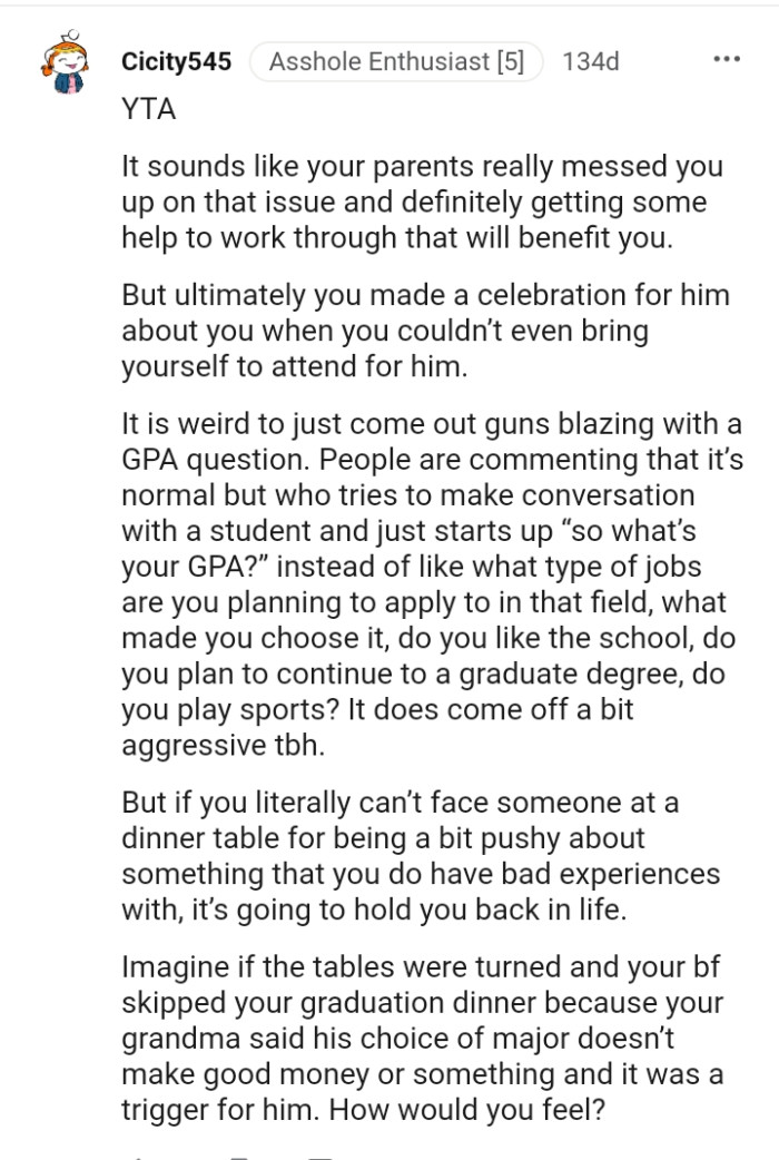 The OP made her boyfriend's celebration about herself