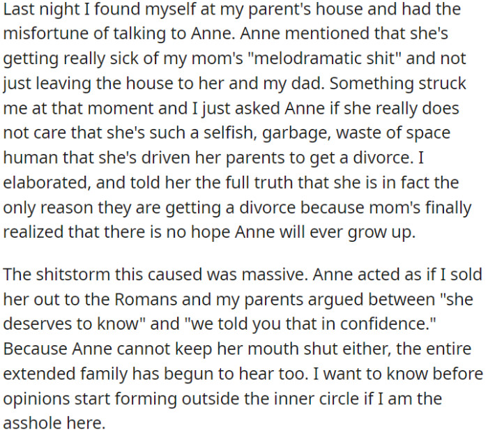 OP confronted his sister Anne about her role in their parents' divorce, which caused a significant family conflict.