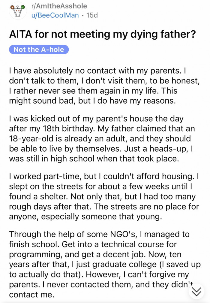 OP revealed that he never wanted to see his parents.