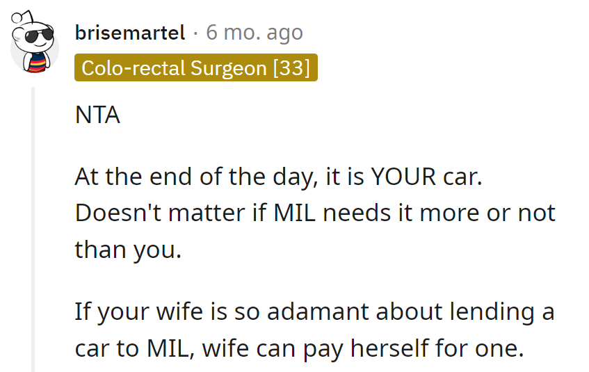 If the wife's so keen, she can foot the car bill drama. Drive on, no free rides!