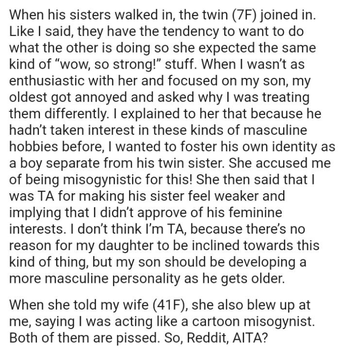 Daughter terms OP the AH for making her sister feel weaker and implying that the OP didn’t approve of his feminine interests