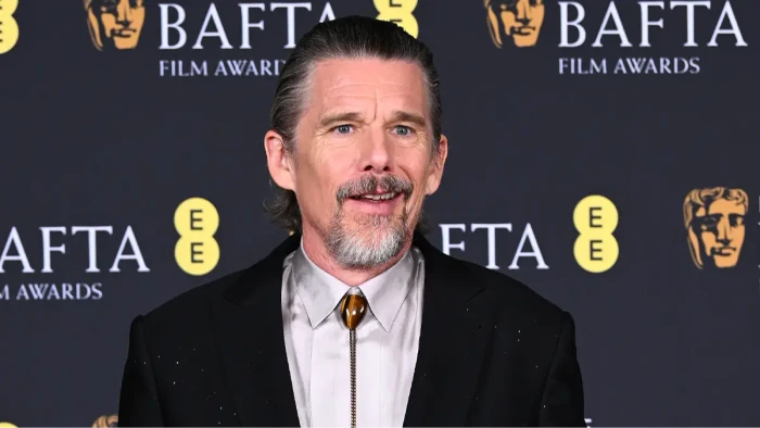 Ethan Hawke in a studio interview setting, talking about relationships and divorce.