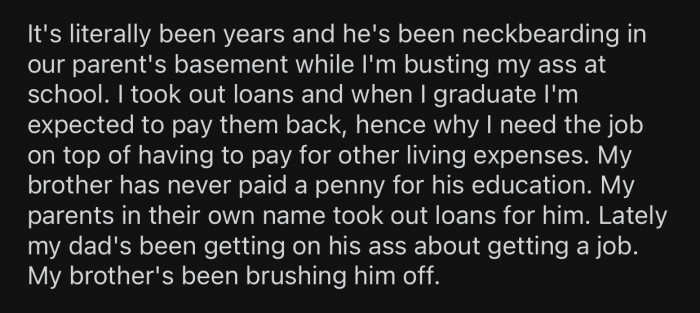 OP's brother refuses to work and has been living in their parents' basement for years.