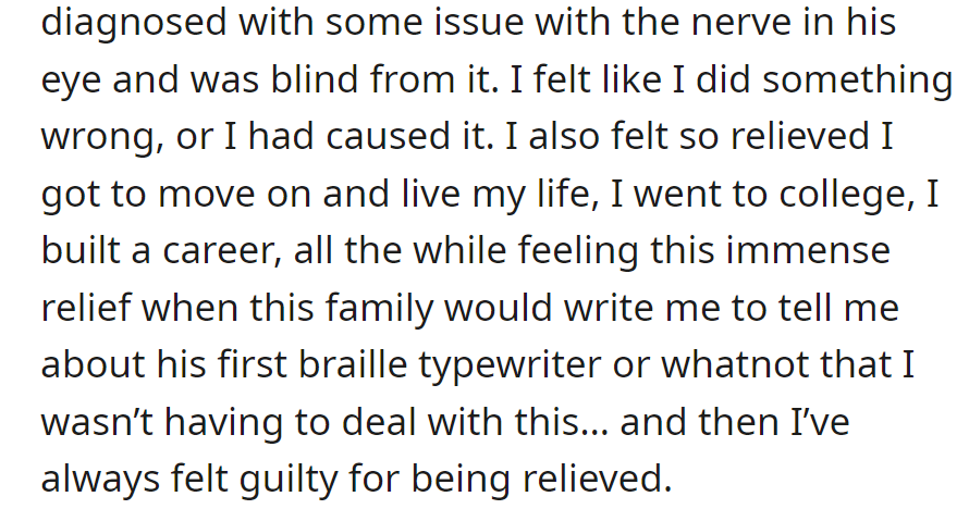 Baby diagnosed blind; mother felt guilty but relieved. She moved on with college and career, but updates from the adopting family brought mixed emotions.
