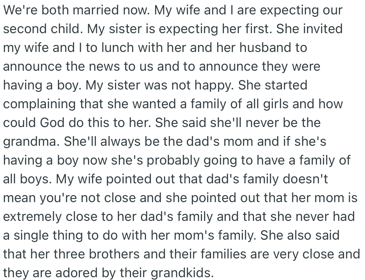 OP’s sister invited him and his pregnant wife to a dinner to announce her own pregnancy. However, she was surprisingly unhappy that her child was going to be a boy
