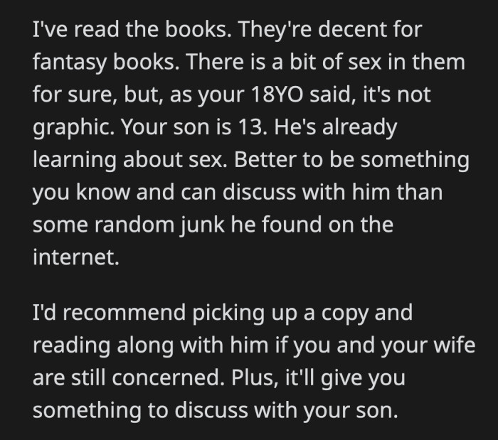 The better compromise is for all of them to read the book chapter by chapter and discuss anything their kids could be confused about