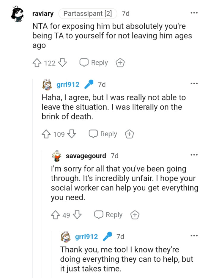 The OP says she was literally on the brink of death