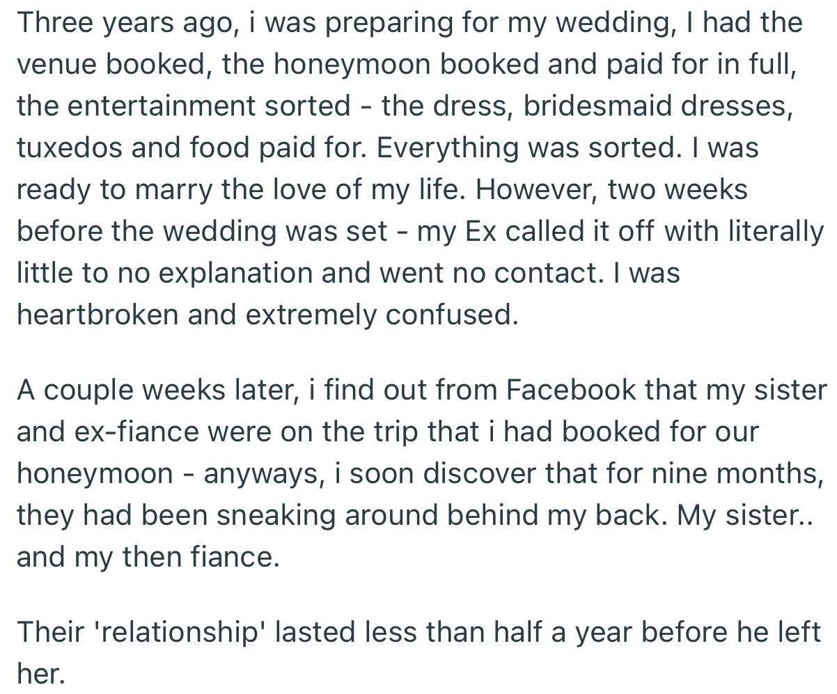 Apparently, some years ago, OP found out that her sister was in a secret relationship with her ex-fiancé