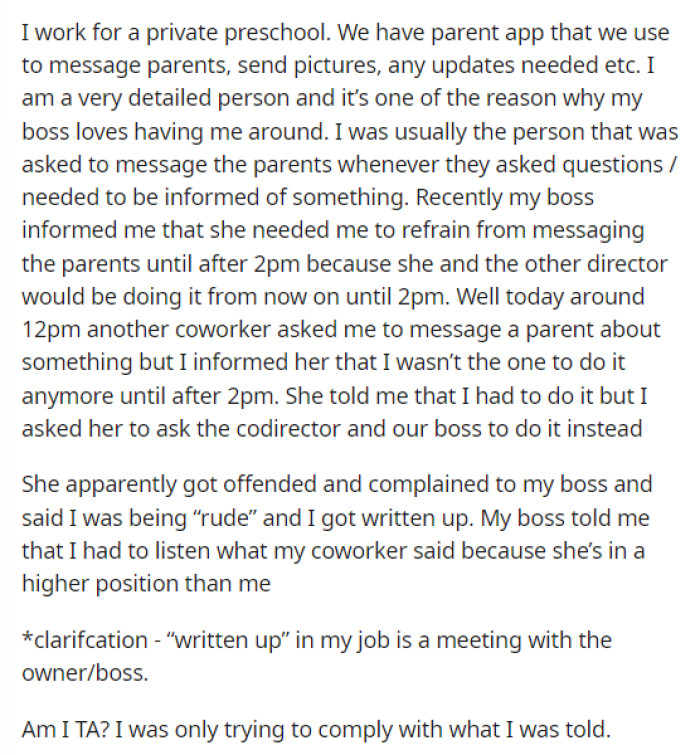 OP's situation seems confusing, as the instructions they received were clearly not aligned, and now OP wants to know if they're wrong for their decision.