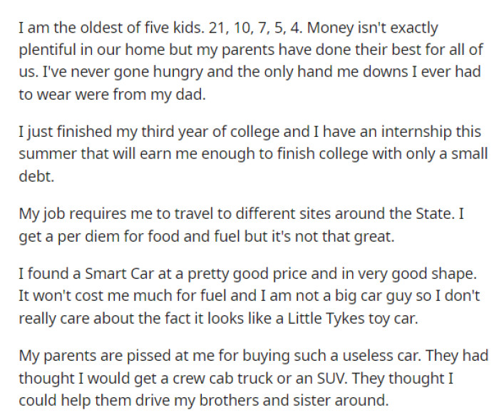 OP starts off his post by saying that he is the oldest of his siblings and that he recently bought a new car that works perfectly for his needs, but his parents aren't happy with his decision.