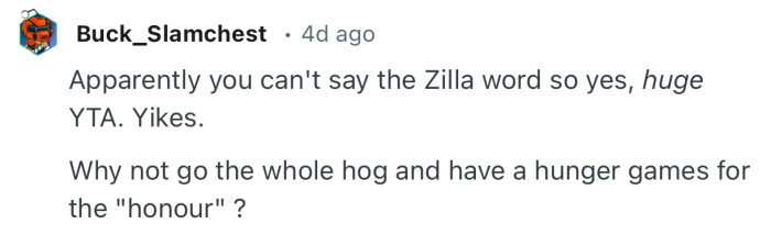 “Why not go the whole hog and have a hunger games for the ‘honor’…”