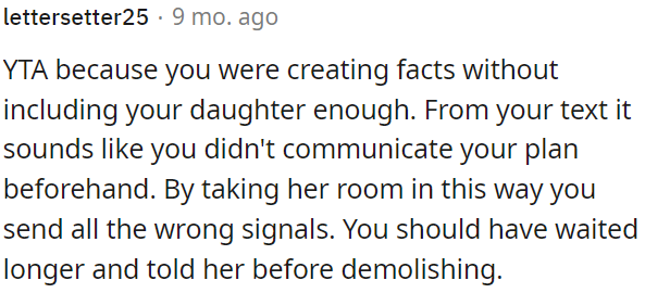 Taking her room without prior notice sends the wrong message.