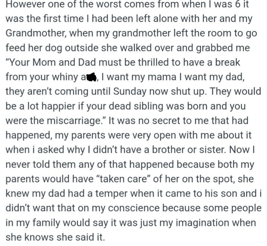 At age 6, OP's aunt cruelly said his parents would prefer his deceased sibling over him. To avoid family conflict, OP never shared this with his parents.