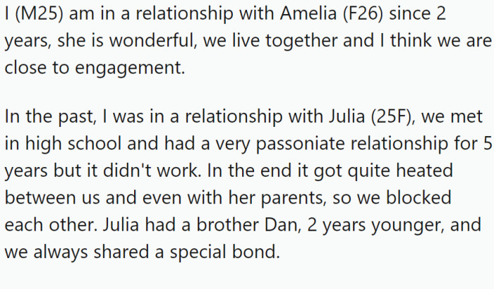 OP, a 25-year-old man, is in a serious relationship with Amelia. However, he has a past with Julia, whose brother Dan was a close friend of OP's.