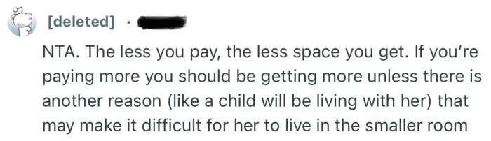 “NTA. The less you pay, the less space you get. If you’re paying more you should be getting more.”