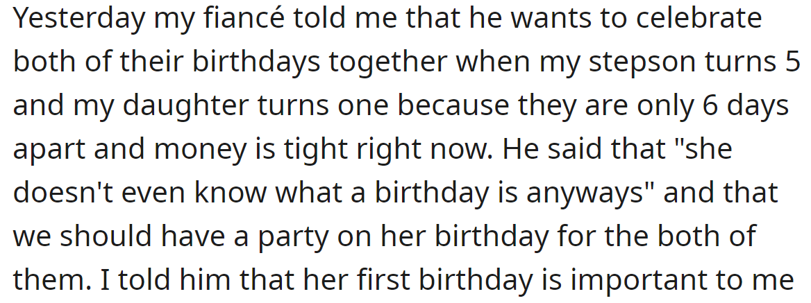 Recently, he proposed a joint birthday celebration for the kids, but the OP didn't like the idea: