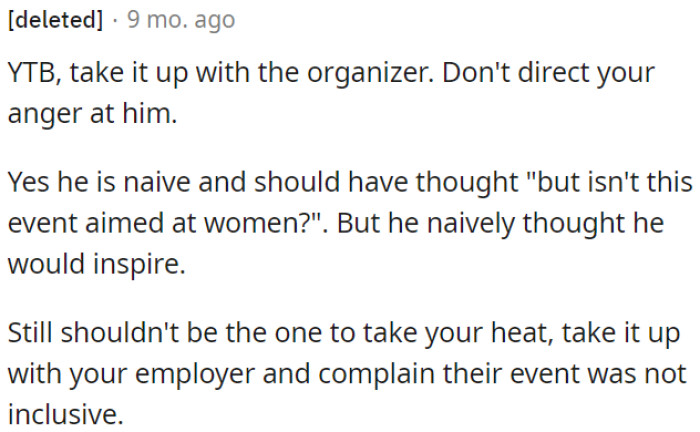 OP should address her concerns with her employer about the event's lack of inclusivity.