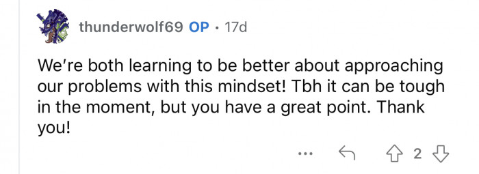 Both OP and his wife are learning to be better.