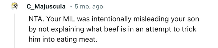 “NTA. Your MIL was intentionally misleading your son by not explaining what beef is.”