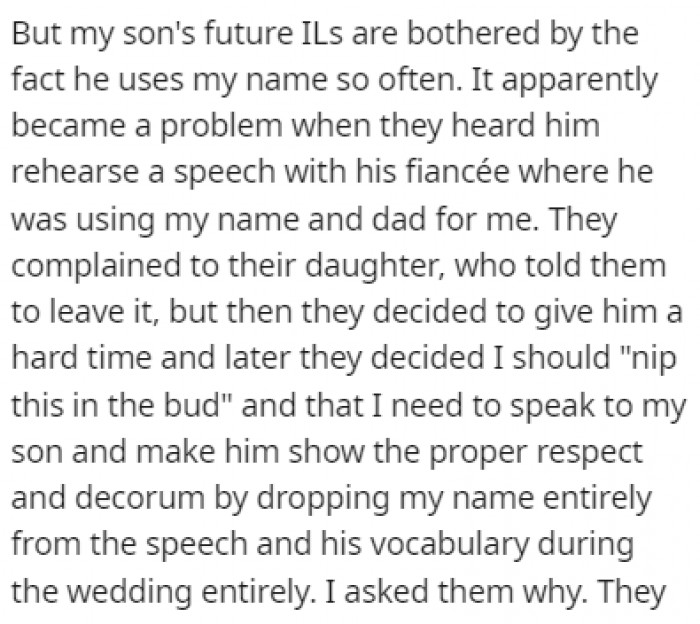 OP's son is getting married soon, and his future in-laws heard him rehearse his speech where he refers to OP by his name