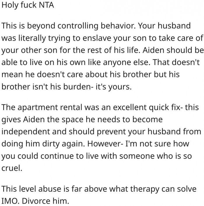 11. Her husband is trying to enslave her son.