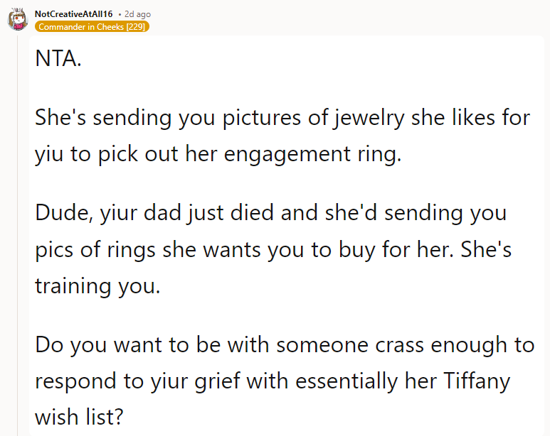 NTA. She's sending you pictures of jewelry she likes so you can pick out her engagement ring.